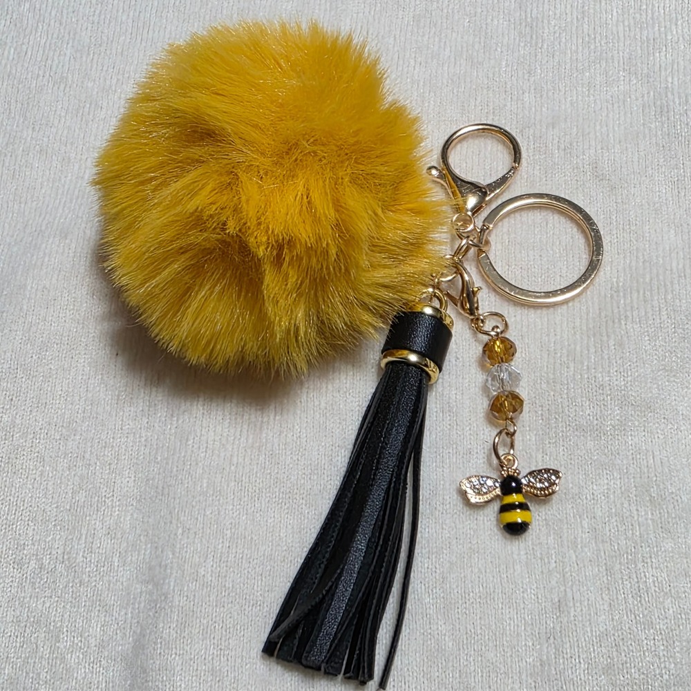 NEW Yellow Faux Fur Pom Pom Keychain Black Tassel Gold Bee Charm Bag Accessory